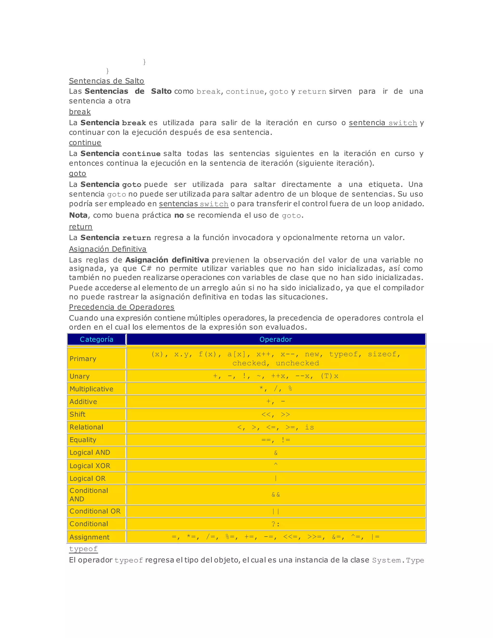 } 
} 
Sentencias de Salto 
Las Sentencias de Salto como break, continue, goto y return sirven para ir de una 
sentencia a otra 
break 
La Sentencia break es utilizada para salir de la iteración en curso o sentencia switch y 
continuar con la ejecución después de esa sentencia. 
continue 
La Sentencia continue salta todas las sentencias siguientes en la iteración en curso y 
entonces continua la ejecución en la sentencia de iteración (siguiente iteración). 
goto 
La Sentencia goto puede ser utilizada para saltar directamente a una etiqueta. Una 
sentencia goto no puede ser utilizada para saltar adentro de un bloque de sentencias. Su uso 
podría ser empleado en sentencias switch o para transferir el control fuera de un loop anidado. 
Nota, como buena práctica no se recomienda el uso de goto. 
return 
La Sentencia return regresa a la función invocadora y opcionalmente retorna un valor. 
Asignación Definitiva 
Las reglas de Asignación definitiva previenen la observación del valor de una variable no 
asignada, ya que C# no permite utilizar variables que no han sido inicializadas, así como 
también no pueden realizarse operaciones con variables de clase que no han sido inicializadas. 
Puede accederse al elemento de un arreglo aún si no ha sido inicializado, ya que el compilador 
no puede rastrear la asignación definitiva en todas las situcaciones. 
Precedencia de Operadores 
Cuando una expresión contiene múltiples operadores, la precedencia de operadores controla el 
orden en el cual los elementos de la expresión son evaluados. 
Categoría Operador 
Primary 
(x), x.y, f(x), a[x], x++, x--, new, typeof, sizeof, 
checked, unchecked 
Unary +, -, !, ~, ++x, --x, (T)x 
Multiplicative *, /, % 
Additive +, - 
Shift <<, >> 
Relational <, >, <=, >=, is 
Equality ==, != 
Logical AND & 
Logical XOR ^ 
Logical OR | 
Conditional 
AND 
&& 
Conditional OR || 
Conditional ?: 
Assignment =, *=, /=, %=, +=, -=, <<=, >>=, &=, ^=, |= 
typeof 
El operador typeof regresa el tipo del objeto, el cual es una instancia de la clase System.Type 
 