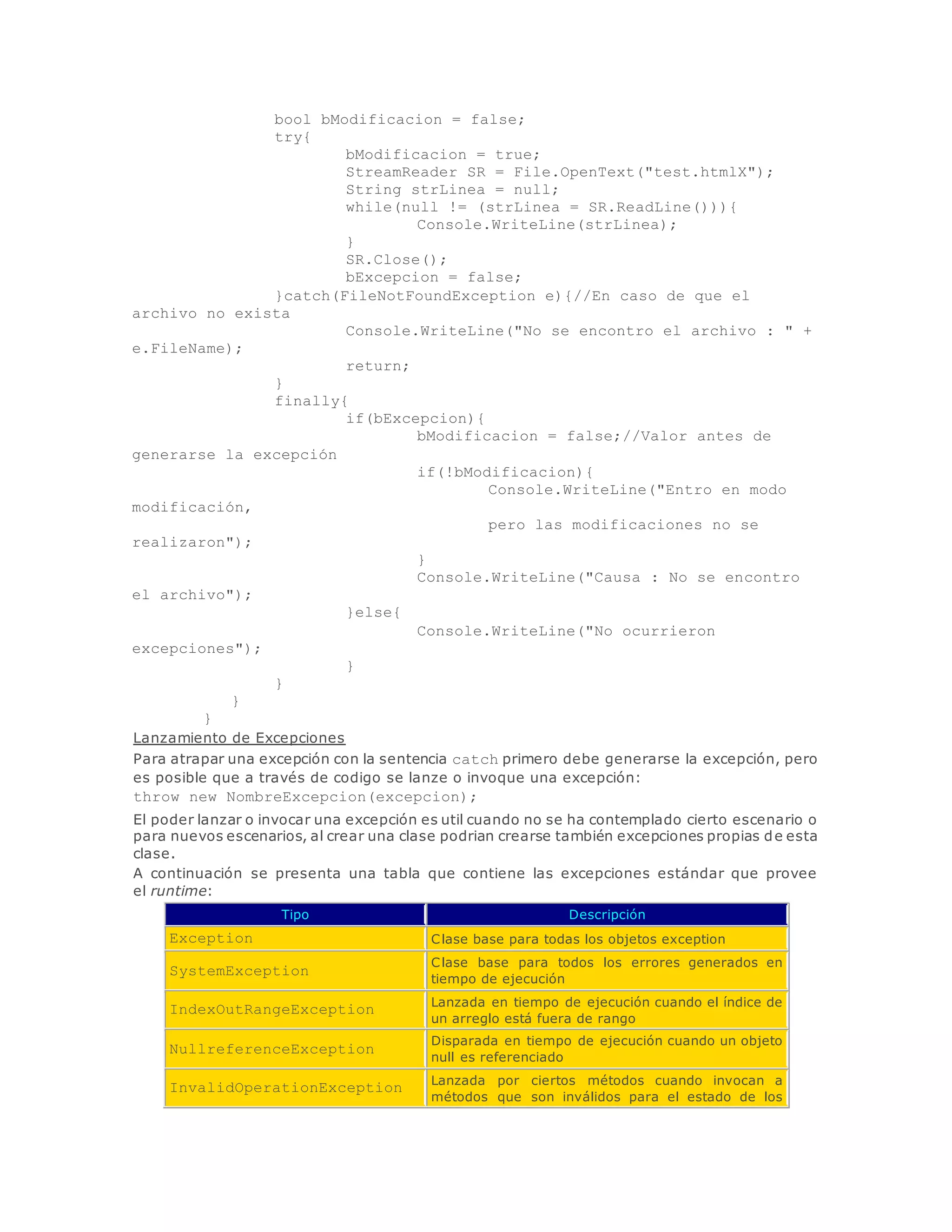 bool bModificacion = false; 
try{ 
bModificacion = true; 
StreamReader SR = File.OpenText("test.htmlX"); 
String strLinea = null; 
while(null != (strLinea = SR.ReadLine())){ 
Console.WriteLine(strLinea); 
} 
SR.Close(); 
bExcepcion = false; 
}catch(FileNotFoundException e){//En caso de que el 
archivo no exista 
Console.WriteLine("No se encontro el archivo : " + 
e.FileName); 
return; 
} 
finally{ 
if(bExcepcion){ 
bModificacion = false;//Valor antes de 
generarse la excepción 
if(!bModificacion){ 
Console.WriteLine("Entro en modo 
modificación, _ 
pero las modificaciones no se 
realizaron"); 
} 
Console.WriteLine("Causa : No se encontro 
el archivo"); 
}else{ 
Console.WriteLine("No ocurrieron 
excepciones"); 
} 
} 
} 
} 
Lanzamiento de Excepciones 
Para atrapar una excepción con la sentencia catch primero debe generarse la excepción, pero 
es posible que a través de codigo se lanze o invoque una excepción: 
throw new NombreExcepcion(excepcion); 
El poder lanzar o invocar una excepción es util cuando no se ha contemplado cierto escenario o 
para nuevos escenarios, al crear una clase podrian crearse también excepciones propias de esta 
clase. 
A continuación se presenta una tabla que contiene las excepciones estándar que provee 
el runtime: 
Tipo Descripción 
Exception Clase base para todas los objetos exception 
SystemException 
Clase base para todos los errores generados en 
tiempo de ejecución 
IndexOutRangeException 
Lanzada en tiempo de ejecución cuando el índice de 
un arreglo está fuera de rango 
NullreferenceException 
Disparada en tiempo de ejecución cuando un objeto 
null es referenciado 
InvalidOperationException 
Lanzada por ciertos métodos cuando invocan a 
métodos que son inválidos para el estado de los 
 