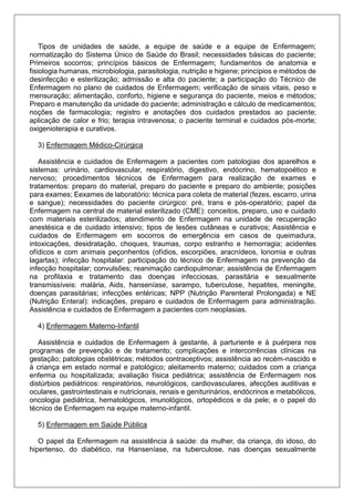 Tipos de unidades de saúde, a equipe de saúde e a equipe de Enfermagem;
normatização do Sistema Único de Saúde do Brasil; necessidades básicas do paciente;
Primeiros socorros; princípios básicos de Enfermagem; fundamentos de anatomia e
fisiologia humanas, microbiologia, parasitologia, nutrição e higiene; princípios e métodos de
desinfecção e esterilização; admissão e alta do paciente; a participação do Técnico de
Enfermagem no plano de cuidados de Enfermagem; verificação de sinais vitais, peso e
mensuração; alimentação, conforto, higiene e segurança do paciente, meios e métodos;
Preparo e manutenção da unidade do paciente; administração e cálculo de medicamentos;
noções de farmacologia; registro e anotações dos cuidados prestados ao paciente;
aplicação de calor e frio; terapia intravenosa; o paciente terminal e cuidados pós-morte;
oxigenioterapia e curativos.
3) Enfermagem Médico-Cirúrgica
Assistência e cuidados de Enfermagem a pacientes com patologias dos aparelhos e
sistemas: urinário, cardiovascular, respiratório, digestivo, endócrino, hematopoético e
nervoso; procedimentos técnicos de Enfermagem para realização de exames e
tratamentos: preparo do material, preparo do paciente e preparo do ambiente; posições
para exames; Eexames de laboratório: técnica para coleta de material (fezes, escarro, urina
e sangue); necessidades do paciente cirúrgico: pré, trans e pós-operatório; papel da
Enfermagem na central de material esterilizado (CME): conceitos, preparo, uso e cuidado
com materiais esterilizados; atendimento de Enfermagem na unidade de recuperação
anestésica e de cuidado intensivo; tipos de lesões cutâneas e curativos; Assistência e
cuidados de Enfermagem em socorros de emergência em casos de queimadura,
intoxicações, desidratação, choques, traumas, corpo estranho e hemorragia; acidentes
ofídicos e com animais peçonhentos (ofídios, escorpiões, aracnídeos, lonomia e outras
lagartas); infecção hospitalar: participação do técnico de Enfermagem na prevenção da
infecção hospitalar; convulsões; reanimação cardiopulmonar; assistência de Enfermagem
na profilaxia e tratamento das doenças infecciosas, parasitária e sexualmente
transmissíveis: malária, Aids, hanseníase, sarampo, tuberculose, hepatites, meningite,
doenças parasitárias; infecções entéricas; NPP (Nutrição Parenteral Prolongada) e NE
(Nutrição Enteral): indicações, preparo e cuidados de Enfermagem para administração.
Assistência e cuidados de Enfermagem a pacientes com neoplasias.
4) Enfermagem Materno-Infantil
Assistência e cuidados de Enfermagem à gestante, à parturiente e à puérpera nos
programas de prevenção e de tratamento; complicações e intercorrências clínicas na
gestação; patologias obstétricas; métodos contraceptivos; assistência ao recém-nascido e
à criança em estado normal e patológico; aleitamento materno; cuidados com a criança
enferma ou hospitalizada; avaliação física pediátrica; assistência de Enfermagem nos
distúrbios pediátricos: respiratórios, neurológicos, cardiovasculares, afecções auditivas e
oculares, gastrointestinais e nutricionais, renais e geniturinários, endócrinos e metabólicos,
oncologia pediátrica, hematológicos, imunológicos, ortopédicos e da pele; e o papel do
técnico de Enfermagem na equipe materno-infantil.
5) Enfermagem em Saúde Pública
O papel da Enfermagem na assistência à saúde: da mulher, da criança, do idoso, do
hipertenso, do diabético, na Hanseníase, na tuberculose, nas doenças sexualmente
 