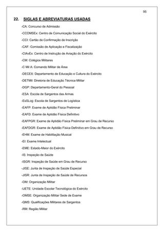 95
22. SIGLAS E ABREVIATURAS USADAS
-CA: Concurso de Admissão
-CCOMSEx: Centro de Comunicação Social do Exército
-CCI: Cartão de Confirmação de Inscrição
-CAF: Comissão de Aplicação e Fiscalização
-CIAvEx: Centro de Instrução de Aviação do Exército
-CM: Colégios Militares
-C Mil A: Comando Militar de Área
-DECEX: Departamento de Educação e Cultura do Exército
-DETMil: Diretoria de Educação Técnica Militar
-DGP: Departamento-Geral do Pessoal
-ESA: Escola de Sargentos das Armas
-EsSLog: Escola de Sargentos de Logística
-EAFP: Exame de Aptidão Física Preliminar
-EAFD: Exame de Aptidão Física Definitivo
-EAFPGR: Exame de Aptidão Física Preliminar em Grau de Recurso
-EAFDGR: Exame de Aptidão Física Definitivo em Grau de Recurso
-EHM: Exame de Habilitação Musical
-EI: Exame Intelectual
-EME: Estado-Maior do Exército
-IS: Inspeção de Saúde
-ISGR: Inspeção de Saúde em Grau de Recurso
-JISE: Junta de Inspeção de Saúde Especial
-JISR: Junta de Inspeção de Saúde de Recursos
-OM: Organização Militar
-UETE: Unidade Escolar Tecnológica do Exército
-OMSE: Organização Militar Sede de Exame
-QMS: Qualificações Militares de Sargentos
-RM: Região Militar
 