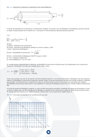 22
FIG. 1.5 – ESQUEMA ILUSTRATIVO DA IMPEDÂNCIA DE TRANSFERÊNCIA
(1.6)
O cálculo da impedância de transferência é relativamente complexo. No entanto, para um blindagem constituída por uma fita colocada
ao longo, situação próxima de um cilindro oco, o valor pode ser determinado por aproximação pela expressão:
Assim, para proteger um cabo de um sinal de uma determinada frequência, é necessário dimensionar a blindagem com uma espessura
superior à profundidade de penetração à frequência em jogo. Verifica-se que para frequências elevadas uma camada condutora é suficiente
para proteger convenientemente os condutores do cabo, ao contrário do que acontece para frequências mais baixas que originam
profundidades de penetração muito maiores e que inviabilizam a construção da blindagem apenas com uma camada condutora relativamente
fina.
O circuito formado pela blindagem comporta-se como um filtro passa baixo atenuando a amplitude dos sinais de alta frequência. Como
se ilustra na figura, para um determinado tipo de blindagem a impedância de transferência e módulo de Zt/Ro decrescem para menos
de metade para uma frequência de 100MHz (ponto B), relativamente a uma frequência de 100kHz (ponto A).
FIG. 1.6 – Curva típica da impedância de transferência de um cabo.
0 1 2 3 4 5 6 7 8 9 10 11 12 13 14 15 16
0,01
2
3
4
5
6
7
8
0,10
2
3
4
5
6
7
8
1
Zt
R0
X
A
B
l
U0 = Zt l I
E I
=Zt
l I
U0
R0
=Zt x
chx - cos x
com x =
δ
2e
Em que:
Zt (Ω/km) – Impedância de transferência
R0 (Ω/km) – Resistência da blindagem medida em corrente contínua, a 20ºC
e (mm) – Espessura da blindagem
δ (mm) – Profundidade de penetração
ωµσ= 2δ
σ (S/m) - Condutividade da blindagem (5,8x107
S/m para o cobre)
ω = 2 πf - Frequência angular (Hz)
µ = Permeabilidade (µ0 = 4π x 10-7
H/m)
Se considerarmos a expressão para o cálculo da profundidade de penetração verificamos que ela vai diminiundo com o aumento da
frequência. Calculando o seu valor, por exemplo, para o cobre, temos:
= 0,066
f
δ =
9 mm para f = 50 Hz
2 mm para f = 1 kHz
0,2 mm para f = 100 kHz
(1.7)
 