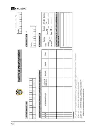 122
REGISTRODECADENADECUSTODIA
Versión2-ResoluciónF.G.N.
DPTOMUNICIPIOENTIDADAÑOCONSECUTIVOUNIDAD
Número
2.HISTORIACLINICA
3.DOCUMENTACIONDELELEMENTOMATERIADEPRUEBAOEVIDENCIAFISICA
5.DESCRIPCIONDELELEMENTOMATERIADEPRUEBAO
EVIDENCIAFISICA
4TIPODEEMBALAJE
Bolsa
Plástica
Depapel
Cantidad
Frasco
Caja
CantidadOtroCantidad
Cual?
NOMBRESYAPELLIDOS
CEDULADE
CIUDADANIA
ENTIDADCARGOFIRMAH
Convenciones:
H=MarqueconunaXsicorrespondeaquienHALLÓelElementoMateriadePruebaoEvidenciaFísica.
R=MarqueconunaXsicorrespondeaquienRECOLECTÓelElementoMateriadePruebaoEvidenciaFísica.
E=MarqueconunaXsicorrespondeaquienEMBALÓelElementoMateriadePruebaoEvidenciaFísica.
Sepuedemarcarunaovariasopcionesparaunmismonombre,segúnseaelcaso.
RE
1.CODIGOUNICODECASO
Número
UBICACIONENLABODEGA(*)
(**)
(*)araserdiligenciadoexclusivamenteporlaBodegaGeneraldeEvidenciasdelaFiscalíaGeneraldelaNación,conlaposiciónquelecorrespondióalaevidenciaalinteriordelaBodega.
(**)ParaserdiligenciadoporlaEntidadPrestadoradeSaludquerecolecteelElementoMaterialProbatoriooEvidenciaFísica.
 