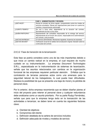 Marco de referencia de la cadena de suministro
135
FASE 5. ADMINISTRACIÓN Y REVISIÓN
¿QUÉ HACE? Revisa el contrato de forma regular, comparándolo contra los niveles de
servicios acordados. Planea las negociaciones para tomar en cuenta los
cambios y requerimientos adicionales
¿CUÁNTO TIEMPO? De uno a cinco años, dependiendo de la duración del contrato.
Normalmente de tres a cinco años
¿QUIÉN PARTICIPA? Representante del contratista responsable de la entrega del servicio,
Representante de la función del usuario, responsable de la administración
del contrato y del proveedor
¿QUÉ SE ENTREGA? Un servicio administrado. Revisiones regulares. Ausencia de sorpresas
¿QUÉ SE DECIDE? Verificación anual de la validez de la evaluación original. Decisión sobre la
continuidad del contrato
2.8.3.2 Fase de transición de la tercerización
Esta fase se podría considera como una de las más importantes debido a
que inicia un cambio radical en la empresa, el cual requiere de mucho
cuidado en su instrumentación. La empresa Document Technologies
S.R.L., especializada en la instrumentación de sistemas de tecerización,
señala que los asuntos relacionados con cambios en la organización
funcional de las empresas requieren particular atención. Enfatiza que la
contratación de terceras personas actúa como una amenaza para la
seguridad laboral de los trabajadores, lo cual puede traer dificultades.
Destaca la posibilidad de que se presente una baja de moral y la pérdida de
personal clave.
Por lo anterior, dicha empresa recomienda que se deben diseñar planes al
inicio del proyecto para retener al personal clave y cualquier redundancia
debe analizarse como un asunto prioritario. Por su parte Rudyy Fernández,
señala que para que la empresa tenga éxito en la transacción de las
actividades a tercerizar, se deben tener en cuenta los siguientes factores
clave:
a. Claridad de objetivos
b. Compromiso del cliente
c. Definición detallada de la cartera de servicios incluidos
d. Definición adecuada de niveles y modelos de servicio
 