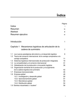 i
Índice
Página
Índice i
Resumen ix
Abstract x
Resumen ejecutivo xi
Introducción 1
Capítulo 1 Mecanismos logísticos de articulación de la
cadena de suministro 7
1.1 Los nuevos paradigmas del entorno y el desarrollo logístico 8
1.2 Teoría del comercio internacional: de la ventaja comparativa a la
ventaja competitiva 11
1.3 Sistemas logísticos internacionales de producción integrados 19
1.4 La competitividad y el comercio internacional 31
1.5 Globalización de la producción e innovación logística 36
1.6 Organización territorial de la producción y el surgimiento
de la cadena logística de suministro 42
1.7 Empresas transnacionales 45
1.8 Empresa global 48
1.8.1 Investigación y desarrollo global 50
1.8.2 Aprovisionamiento global 51
1.8.3 Manufactura global 54
1.8.4 Distribución global 54
1.9 Distritos industriales o “clusters” 58
 