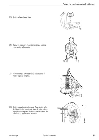 05:03-02 pb 
Scania CV AB 1997 11
Caixa de mudanças (velocidades)
26 Remova o árvore (veio) primária e a pista
externa do rolamento.
27 Movimente a árvore (veio) secundária e
pegue a pista externa.
28 Retire os dois parafusos de fixação do tubo
de óleo. Retire o tubo de óleo. Retire a luva
espaçadora da parte frontal e retire o anel de
vedação-O do interior da luva.
25 Retire a bomba de óleo.
 