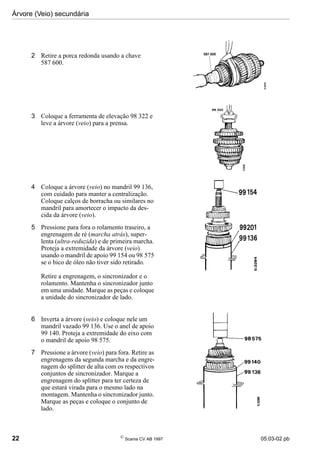 Árvore (Veio) secundária
22 
Scania CV AB 1997 05:03-02 pb
2 Retire a porca redonda usando a chave
587 600.
3 Coloque a ferramenta de elevação 98 322 e
leve a árvore (veio) para a prensa.
4 Coloque a árvore (veio) no mandril 99 136,
com cuidado para manter a centralização.
Coloque calços de borracha ou similares no
mandril para amortecer o impacto da des-
cida da árvore (veio).
5 Pressione para fora o rolamento traseiro, a
engrenagem de ré (marcha atrás), super-
lenta (ultra-reduzida) e de primeira marcha.
Proteja a extremidade da árvore (veio)
usando o mandril de apoio 99 154 ou 98 575
se o bico de óleo não tiver sido retirado.
Retire a engrenagem, o sincronizador e o
rolamento. Mantenha o sincronizador junto
em uma unidade. Marque as peças e coloque
a unidade do sincronizador de lado.
6 Inverta a árvore (veio) e coloque nele um
mandril vazado 99 136. Use o anel de apoio
99 140. Proteja a extremidade do eixo com
o mandril de apoio 98 575.
7 Pressione a árvore (veio) para fora. Retire as
engrenagens da segunda marcha e da engre-
nagem do splitter de alta com os respectivos
conjuntos de sincronizador. Marque a
engrenagem do splitter para ter certeza de
que estará virada para o mesmo lado na
montagem. Mantenha o sincronizador junto.
Marque as peças e coloque o conjunto de
lado.
 