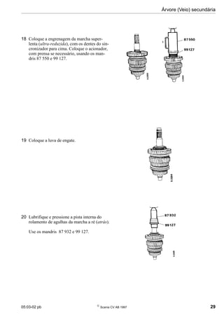 05:03-02 pb 
Scania CV AB 1997 29
Árvore (Veio) secundária
18 Coloque a engrenagem da marcha super-
lenta (ultra-reduzida), com os dentes do sin-
cronizador para cima. Coloque o acionador,
com prensa se necessário, usando os man-
dris 87 550 e 99 127.
19 Coloque a luva de engate.
20 Lubrifique e pressione a pista interna do
rolamento de agulhas da marcha a ré (atrás).
Use os mandris 87 932 e 99 127.
 