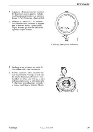 05:03-02 pb 
Scania CV AB 1997 39
Sincronizador
8 Verifique se não há marcas nas placas de
extremidade contra cada engrenagem.
9 Monte o acionador e a luva conforme mar-
cado anteriormente. Verifique se cada uma
das muflas de acoplamento se move com
facilidade nos eixos. Uma luva que se trave
pode causar problemas na troca de marcha.
A folga radial aprovada entre o acionador e
a luva de engate é de no mínimo. 0.2 mm.
1 Inspecione o disco acionador do sincroniza-
dor da primeira marcha quanto a rachadu-
ras.A largura das alças não pode ser menor
do que 18.5 e 8.0 mm, veja a figura ao lado
2 Verifique se a arruela (12 s 35) está mon-
tada com firmeza no acionador da engrena-
gem da primeira marcha e que as quatro
linguas de metal que prendem o rolete no
lugar não estejam dobradas.
1. Possível formação de rachaduras
 