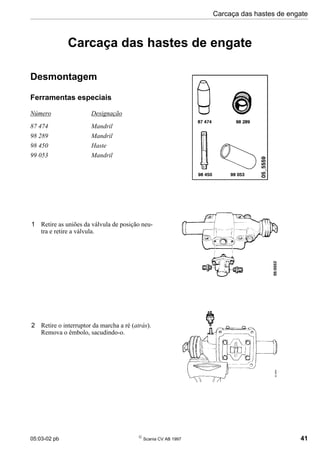 05:03-02 pb 
Scania CV AB 1997 41
Carcaça das hastes de engate
Carcaça das hastes de engate
Desmontagem
Ferramentas especiais
Número Designação
87 474 Mandril
98 289 Mandril
98 450 Haste
99 053 Mandril
1 Retire as uniões da válvula de posição neu-
tra e retire a válvula.
2 Retire o interruptor da marcha a ré (atrás).
Remova o êmbolo, sacudindo-o.
 