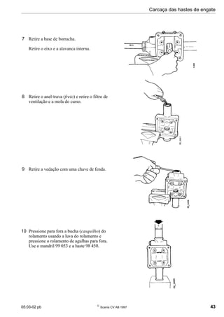 05:03-02 pb 
Scania CV AB 1997 43
Carcaça das hastes de engate
7 Retire a base de borracha.
Retire o eixo e a alavanca interna.
8 Retire o anel-trava (freio) e retire o filtro de
ventilação e a mola do curso.
9 Retire a vedação com uma chave de fenda.
10 Pressione para fora a bucha (casquilho) do
rolamento usando a luva do rolamento e
pressione o rolamento de agulhas para fora.
Use o mandril 99 053 e a haste 98 450.
 