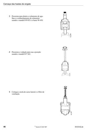 Carcaça das hastes de engate
46 
Scania CV AB 1997 05:03-02 pb
4 Pressione a vedação para sua a posição
usando o mandril 87 362.
5 Coloque a mola de curso lateral e o filtro de
ventilação.
3 Pressione para dentro o rolamento de agu-
lhas e o embuchamento do rolamento
usando o mandril 99 053 e a haste 98 450.
 