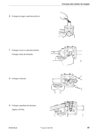 05:03-02 pb 
Scania CV AB 1997 47
Carcaça das hastes de engate
6 Coloque no lugar o anel-trava (freio).
7 Coloque o eixo e a alavanca interna.
Coloque a base de borracha.
8 Coloque a chaveta.
9 Coloque o parafuso da alavanca.
Aperto a 92 Nm.
 