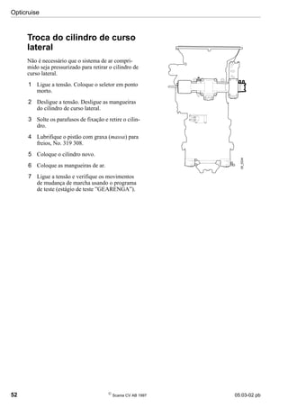 Opticruise
52 
Scania CV AB 1997 05:03-02 pb
Troca do cilindro de curso
lateral
Não é necessário que o sistema de ar compri-
mido seja pressurizado para retirar o cilindro de
curso lateral.
1 Ligue a tensão. Coloque o seletor em ponto
morto.
2 Desligue a tensão. Desligue as mangueiras
do cilindro de curso lateral.
3 Solte os parafusos de fixação e retire o cilin-
dro.
4 Lubrifique o pistão com graxa (massa) para
freios, No. 319 308.
5 Coloque o cilindro novo.
6 Coloque as mangueiras de ar.
7 Ligue a tensão e verifique os movimentos
de mudança de marcha usando o programa
de teste (estágio de teste ”GEARENGA”).
05_5334
 