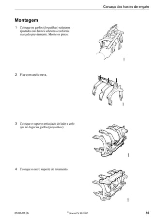 05:03-02 pb 
Scania CV AB 1997 55
Carcaça das hastes de engate
Montagem
1 Coloque os garfos (forquilhas) seletores
ajustados nas hastes seletoras conforme
marcado previamente. Monte os pinos.
2 Fixe com anéis-trava.
3 Coloque o suporte articulado de lado e colo-
que no lugar os garfos (forquilhas).
4 Coloque o outro suporte do rolamento.
 