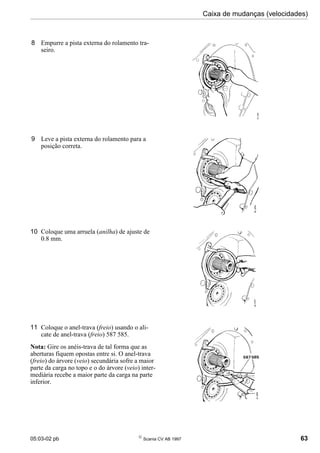 05:03-02 pb 
Scania CV AB 1997 63
Caixa de mudanças (velocidades)
9 Leve a pista externa do rolamento para a
posição correta.
10 Coloque uma arruela (anilha) de ajuste de
0.8 mm.
11 Coloque o anel-trava (freio) usando o ali-
cate de anel-trava (freio) 587 585.
Nota: Gire os anéis-trava de tal forma que as
aberturas fiquem opostas entre si. O anel-trava
(freio) do árvore (veio) secundária sofre a maior
parte da carga no topo e o do árvore (veio) inter-
mediária recebe a maior parte da carga na parte
inferior.
8 Empurre a pista externa do rolamento tra-
seiro.
 