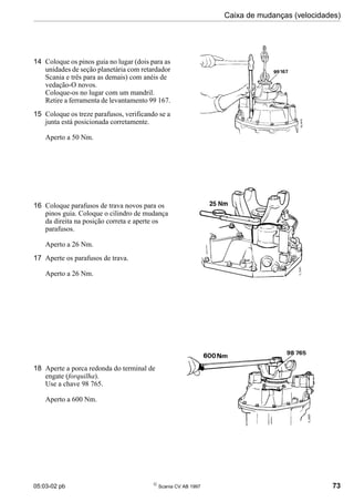 05:03-02 pb 
Scania CV AB 1997 73
Caixa de mudanças (velocidades)
14 Coloque os pinos guia no lugar (dois para as
unidades de seção planetária com retardador
Scania e três para as demais) com anéis de
vedação-O novos.
Coloque-os no lugar com um mandril.
Retire a ferramenta de levantamento 99 167.
15 Coloque os treze parafusos, verificando se a
junta está posicionada corretamente.
Aperto a 50 Nm.
16 Coloque parafusos de trava novos para os
pinos guia. Coloque o cilindro de mudança
da direita na posição correta e aperte os
parafusos.
Aperto a 26 Nm.
17 Aperte os parafusos de trava.
Aperto a 26 Nm.
18 Aperte a porca redonda do terminal de
engate (forquilha).
Use a chave 98 765.
Aperto a 600 Nm.
 
