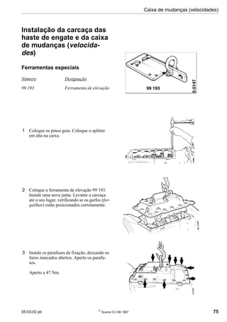 05:03-02 pb 
Scania CV AB 1997 75
Caixa de mudanças (velocidades)
Instalação da carcaça das
haste de engate e da caixa
de mudanças (velocida-
des)
Ferramentas especiais
Número Designação
99 193 Ferramenta de elevação
1 Coloque os pinos guia. Coloque o splitter
em alta na caixa.
2 Coloque a ferramenta de elevação 99 193.
Instale uma nova junta. Levante a carcaça
até o seu lugar, verificando se os garfos (for-
quilhas) estão posicionados corretamente.
3 Instale os parafusos de fixação, deixando os
furos marcados abertos. Aperte os parafu-
sos.
Aperto a 47 Nm.
 