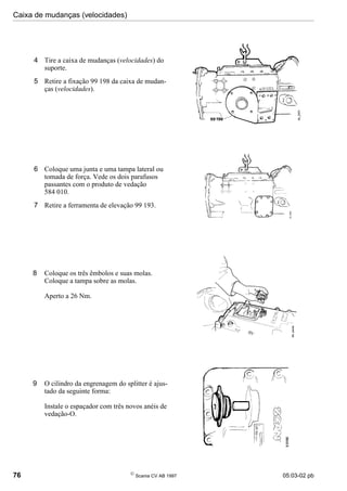 Caixa de mudanças (velocidades)
76 
Scania CV AB 1997 05:03-02 pb
4 Tire a caixa de mudanças (velocidades) do
suporte.
5 Retire a fixação 99 198 da caixa de mudan-
ças (velocidades).
6 Coloque uma junta e uma tampa lateral ou
tomada de força. Vede os dois parafusos
passantes com o produto de vedação
584 010.
7 Retire a ferramenta de elevação 99 193.
8 Coloque os três êmbolos e suas molas.
Coloque a tampa sobre as molas.
Aperto a 26 Nm.
9 O cilindro da engrenagem do splitter é ajus-
tado da seguinte forma:
Instale o espaçador com três novos anéis de
vedação-O.
05_5565
 