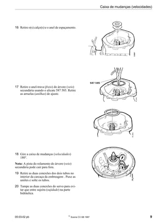 05:03-02 pb 
Scania CV AB 1997 9
Caixa de mudanças (velocidades)
16 Retire o(s) calço(s) e o anel de espaçamento.
17 Retire o anel-trava (freio) do árvore (veio)
secundária usando o alicate 587 585. Retire
as arruelas (anilhas) de ajuste.
18 Gire a caixa de mudanças (velocidades)
180°.
Nota: A pista do rolamento do árvore (veio)
secundária pode cair para fora.
19 Retire as duas conexões dos dois tubos no
interior da carcaça da embreagem . Puxe as
uniões e solte os tubos.
20 Tampe as duas conexões do servo para evi-
tar que entre sujeira (sujidade) na parte
hidráulica.
 