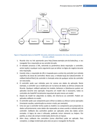 Princípios básicos do CakePHP       14




Figura 2. Requisição típica no CakePHP. Em preto, elemento necessário; Em cinza, elemento opcional;
                                          Em azul, callback

   1. Ricardo clica no link apontando para http://www.exemplo.com.br/cakes/buy, e seu
      navegador faz a requisição ao seu servidor de web;
   2. O roteador processa a URL, extraindo os parâmetros desta requisição: o controller,
      action (ação) e qualquer outro argumento que vai afetar na lógica do negócio durante
      esta requisição;
   3. Usando rotas, a requisição da URL é mapeada para a action do controller (um método
      específico da classe do controller). Neste caso, o método buy() do CakesController. O
      callback beforeFilter() do controller é chamado antes de qualquer action do controller
      ser executada;
   4. O controller pode usar métodos para ter acesso aos dados da aplicação. Neste
      exemplo, o controller usa o model para ver no banco de dados as últimas compras de
      Ricardo. Qualquer callback aplicável do modelo, behaviors e DataSources podem ser
      aplicados durante esta operação. Enquanto um model não é necessário, todos os
      controllers do CakePHP inicialmente requisitam de pelo menos um model;
   5. Depois do model ter adquiridos os dados, ele retorna-os ao controller. Podem ser
      aplicados callbacks no model;
   6. O controller pode usar components para refinar os dados ou efetuar outras operações
      (manipular sessões, autenticação ou enviar e-mails, por exemplo);
   7. Uma vez que o controller tenha usado os models e os components para preparado os
      dados suficientemente, estes dados são repassados as views usando o método set() do
      controller. Callbacks dos controllers podem ser aplicados antes dos dados serem
      enviados. A lógica da view é efetuada, podendo incluir elements ou helpers. Por
      padrão, as views são sempre renderizadas dentro de um layout;
   8. Além disso, callbacks dos controllers (como afterFilter) pode ser aplicado. Para
      completar, o código renderizado pela view vai para o navegador do Ricardo.
 