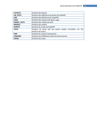 Desenvolvendo com CakePHP       59


LAYOUTS       Diretório dos layouts
LIB_TESTS     Diretório das bibliotecas de testes do CakePHP
LIBS          Diretório das bibliotecas do CakePHP
LOGS          Diretório dos arquivos de log (no app)
MODEL_TESTS   Diretório dos models de teste
MODELS        Diretório dos models
SCRIPTS       Diretório de scripts do CakePHP
TESTS         Diretório de testes (pai das pastas models, controllers, etc. No
              diretório de testes)
TMP           Diretório de arquivos temporários
VENDORS       Diretório para bibliotecas externas (de terceiros)
VIEWS         Diretório das views
 