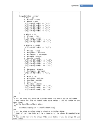Apêndices    78


      */

      $singularRules = array(
            # #pes - pe
            # #carros - carro
            # #pneus - pneu
            '/^([a-zA-Z]*)as$/i'   =>   '1a',
            '/^([a-zA-Z]*)es$/i'   =>   '1e',
            '/^([a-zA-Z]*)is$/i'   =>   '1i',
            '/^([a-zA-Z]*)os$/i'   =>   '1o',
            '/^([a-zA-Z]*)us$/i'   =>   '1u',

            # #luzes - luz
            # #flores - flor
            # #arrozes - arroz
            '/^([a-zA-Z]*)res$/i' => '1r',
            '/^([a-zA-Z]*)zes$/i' => '1z',

            # #cantis - cantil
            '/^([a-zA-Z]*)is$/i' => '1il',
            #
            # #farois - farol
            # #hospitais - hospital
            # #telemoveis - telemovel
            # #pinceis - pincel
            # #anzois - anzol
            '/^([a-zA-Z]*)ais$/i' => '1al',
            '/^([a-zA-Z]*)eis$/i' => '1el',
            '/^([a-zA-Z]*)ois$/i' => '1ol',
            '/^([a-zA-Z]*)uis$/i' => '1ul',
            #
            # #armazens - armazem
            # #portagens - portagem
            '/^([a-zA-Z]*)ns$/i' => '1m',
            #
            # #cães - cão
            # #colchões - colchão
            # #portões - portão
            # #pães - pão
            # #alemães - alemão
            '/^([a-zA-Z]*)oes$/i' => '1ao',
            '/^([a-zA-Z]*)aes$/i' => '1ao',
            '/^([a-zA-Z]*)aos$/i' => '1ao'

      );

/**
 * This is a key only array of singular words that should not be inflected.
 * You should not have to change this value below if you do change it use
same format
 * as the $uninflectedPlural above.
 */
      $uninflectedSingular = $uninflectedPlural;
/**
 * This is a key => value array of singular irregular words.
 * Most of the time this will be a reverse of the above $irregularPlural
array
 * You should not have to change this value below if you do change it use
same format
 