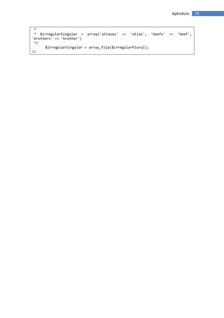 Apêndices     79


 *
 * $irregularSingular = array('atlases' => 'atlas', 'beefs'   =>   'beef',
'brothers' => 'brother')
 */
      $irregularSingular = array_flip($irregularPlural);
?>
 