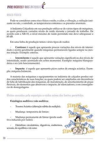 POR DENTRO DAS NORMAS
10 Calçado
RISCO FÍSICO
Pode-se considerar como risco físico o ruído, o calor, a vibração, a radiação ioni-
zante ou não, a umidade, as temperaturas extremas e as pressões anormais.
A Indústria Calçadista em sua produção utiliza-se de vários tipos de máquinas,
as quais produzem variados níveis de ruído durante a jornada de trabalho. De
acordo com a NR-15, o nível máximo de ruído permitido não deve ultrapassar a
85 dB.
Em uma linha de produção temos vários tipos de ruídos:
- Contínuo: é aquele que apresenta poucas variações dos níveis de intensi-
dade e ocorre geralmente quando máquinas permanecem ligadas sempre na mes-
ma rotação. Exemplo: esteiras.
- Intermitente: é aquele que apresenta variações signiﬁcativas dos níveis de
intensidade, sendo acentuado em certos momentos. Exemplo: máquina blanquea-
deira e rex (em funcionamento).
- Impacto: é aquele que apresenta picos curtos de energia acústica. Exem-
plo: máquina balancim.
A maioria das máquinas e equipamentos na indústria de calçados produz ruí-
dos característicos de suas funções, os quais podem ser ampliados em decorrência
de falta de lubriﬁcação das máquinas, de manutenção, de amortecimento de peças
ﬂexíveis, de elementos que absorvem o impacto, de silenciadores, e em conseqüên-
cia de desregulagens.
Efeitos causados pela exposição a ruídos acima dos limites permitidos
Fisiológico auditivo e não auditivo:
- TraumaAcústico (alteração súbita da audição);
- Mudança temporária de limiar;
- Mudança permanente de limiar (perda audi-
tiva induzida por ruído);
- Distúrbios: circulatórios, digestivos, endócrinos,
sexuais, de equilíbrio e do sono.
 