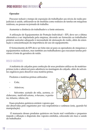 POR DENTRO DAS NORMAS
12 Calçado
Operador
Procurar reduzir o tempo de exposição do trabalhador aos níveis de ruído pre-
judiciais à saúde, utilizando-se de medidas como rodízios de tarefas em máquinas
ruidosas, ou pausas na jornada de trabalho.
Aumentar a distância do trabalhador e a fonte emissora.
A utilização de Equipamentos de Proteção Individual – EPI, deve ser a última
alternativa a ser implantada pela empresa, devendo ser fornecido ao trabalhador
protetor auricular adequado à necessidade de atenuação do ruído, além da orien-
tação e conscientização da importância do uso do equipamento.
O fornecimento de EPI deve ser feito não só para os operadores de máquinas e
equipamentos ruidosos, mas também aos trabalhadores que executam tarefas pró-
ximas à fonte da geradora de ruído.
RISCO QUÍMICO
A indústria de calçados para confecção de seus produtos utiliza-se de matérias-
primas (cola e adesivos) para aderência na montagem do calçado, além de solven-
tes orgânicos para dissolver essa matéria-prima.
Produtos e matérias-primas utilizados:
- Cola;
- Adesivos;
- Solventes: acetado de etila, acetona, ci-
clohexano, metil-etil-cetona, n-hexano, n-penta-
no, tolueno, xileno, etc.
Esses produtos químicos emitem vapores que
são absorvidas pelo organismo por vias respiratórias e cutâneas (esta, quando há
manipulação).
O manuseio desses produtos químicos em locais mal ventilados e pequenos
impede a diluição e dispersão dos vapores emitidos, colocando em risco a saúde
do trabalhador.
 