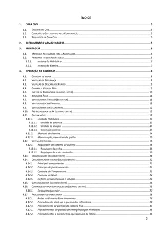 3
ÍNDICE
1. OBRA CIVIL..........................................................................................................................................................5
1.1. ENGENHEIRO CIVIL..................................................................................................................................................5
1.2. CORROSÃO E GOTEJAMENTO PELA CONDENSAÇÃO........................................................................................................5
1.3. REQUISITOS DA OBRA CIVIL ......................................................................................................................................5
2. RECEBIMENTO E ARMAZENAGEM.......................................................................................................................5
3. MONTAGEM .......................................................................................................................................................6
3.1. MATERIAIS NECESSÁRIOS PARA A MONTAGEM.............................................................................................................6
3.2. PRINCIPAIS ITENS DE MONTAGEM:.............................................................................................................................6
3.2.1. Instalação Hidráulica ................................................................................................................................7
3.2.2. Instalação Elétrica.....................................................................................................................................7
4. OPERAÇÃO DE CALDEIRAS ..................................................................................................................................8
4.1. GERADOR DE VAPOR...............................................................................................................................................8
4.2. VÁLVULAS DE SEGURANÇA........................................................................................................................................8
4.3. VÁLVULAS DE DESCARGA DE FUNDO...........................................................................................................................9
4.4. GARRAFA E VISOR DE NÍVEL......................................................................................................................................9
4.5. INJETOR DE EMERGÊNCIA (QUANDO EXISTIR)..............................................................................................................10
4.6. BOMBA DE ÁGUA .................................................................................................................................................11
4.7. VENTILADOR DE TIRAGEM (EXAUSTOR).....................................................................................................................11
4.8. VENTILADOR DE AR PRIMÁRIO ................................................................................................................................11
4.9. VENTILADOR DE AR SECUNDÁRIO.............................................................................................................................12
4.10. PRÉ-AQUECEDOR DE AR (QUANDO EXISTIR)...............................................................................................................12
4.11. GRELHA MÓVEL....................................................................................................................................................12
4.11.1. Unidade Hidráulica .................................................................................................................................13
4.11.1.1. Unidade de potência ...........................................................................................................................................13
4.11.1.2. Unidade de atuação ............................................................................................................................................14
4.11.1.3. Sistema de controle.............................................................................................................................................14
4.11.2. Mancais deslizantes................................................................................................................................14
4.11.3. Manutenção preventiva da grelha..........................................................................................................15
4.12. SISTEMA DE QUEIMA.............................................................................................................................................16
4.12.1. Regulagem do sistema de queima..........................................................................................................16
4.12.1.1. Regulagem da grelha...........................................................................................................................................16
4.12.1.2. Regulagem do ar de combustão..........................................................................................................................19
4.13. ECONOMIZADOR (QUANDO EXISTIR).........................................................................................................................21
4.14. DESGASEIFICADOR TÉRMICO (QUANDO EXISTIR)..........................................................................................................22
4.14.1. Principais componentes ..........................................................................................................................22
4.14.2. Princípio de funcionamento....................................................................................................................23
4.14.3. Controle de Temperatura........................................................................................................................23
4.14.4. Controle de Nível.....................................................................................................................................24
4.14.5. Defeito, provável causa e solução...........................................................................................................24
4.15. SUPERAQUECEDOR (QUANDO EXISTIR)......................................................................................................................26
4.16. CONTROLE DE VAPOR SUPERAQUECIDO (QUANDO EXISTIR)............................................................................................26
4.16.1. Dessuperaquecedor ................................................................................................................................27
4.17. PROCEDIMENTOS OPERACIONAIS .............................................................................................................................28
4.17.1. Antes do Primeiro Funcionamento..........................................................................................................28
4.17.2. Procedimento start-up e queima dos refratários....................................................................................28
4.17.3. Procedimento de partida da caldeira fria ...............................................................................................33
4.17.1. Procedimentos de parada de emergência por nível baixo......................................................................36
4.17.2. Procedimentos e parâmetros operacionais de rotina.............................................................................36
 