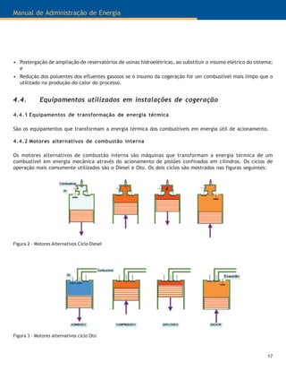 17
Manual de Administração de Energia
Figura 2 - Motores Alternativos Ciclo Diesel
Figura 3 - Motores alternativos ciclo Oto
• Postergação de ampliação de reservatórios de usinas hidroelétricas, ao substituir o insumo elétrico do sistema;
e
• Redução dos poluentes dos efluentes gasosos se o insumo da cogeração for um combustível mais limpo que o
utilizado na produção do calor do processo.
4.4. Equipamentos utilizados em instalações de cogeração
4.4.1 Equipamentos de transformação de energia térmica
São os equipamentos que transformam a energia térmica dos combustíveis em energia útil de acionamento.
4.4.2 Motores alternativos de combustão interna
Os motores alternativos de combustão interna são máquinas que transformam a energia térmica de um
combustível em energia mecânica através do acionamento de pistões confinados em cilindros. Os ciclos de
operação mais comumente utilizados são o Diesel e Oto. Os dois ciclos são mostrados nas figuras seguintes:
 