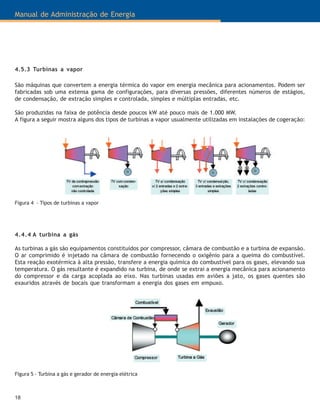 Manual de Administração de Energia
18
4.4.4 A turbina a gás
As turbinas a gás são equipamentos constituídos por compressor, câmara de combustão e a turbina de expansão.
O ar comprimido é injetado na câmara de combustão fornecendo o oxigênio para a queima do combustível.
Esta reação exotérmica à alta pressão, transfere a energia química do combustível para os gases, elevando sua
temperatura. O gás resultante é expandido na turbina, de onde se extrai a energia mecânica para acionamento
do compressor e da carga acoplada ao eixo. Nas turbinas usadas em aviões a jato, os gases quentes são
exauridos através de bocais que transformam a energia dos gases em empuxo.
Figura 5 - Turbina a gás e gerador de energia elétrica
4.5.3 Turbinas a vapor
São máquinas que convertem a energia térmica do vapor em energia mecânica para acionamentos. Podem ser
fabricadas sob uma extensa gama de configurações, para diversas pressões, diferentes números de estágios,
de condensação, de extração simples e controlada, simples e múltiplas entradas, etc.
São produzidas na faixa de potência desde poucos kW até pouco mais de 1.000 MW.
A figura a seguir mostra alguns dos tipos de turbinas a vapor usualmente utilizadas em instalações de cogeração:
Figura 4 - Tipos de turbinas a vapor
 