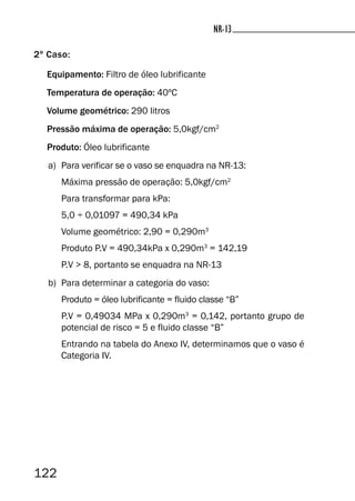 122
2º Caso:
Equipamento: Filtro de óleo lubrificante
Temperatura de operação: 40ºC
Volume geométrico: 290 litros
Pressão máxima de operação: 5,0kgf/cm2
Produto: Óleo lubrificante
a) Para verificar se o vaso se enquadra na NR-13:
Máxima pressão de operação: 5,0kgf/cm2
Para transformar para kPa:
5,0 ÷ 0,01097 = 490,34 kPa
Volume geométrico: 2,90 = 0,290m3
Produto P.V = 490,34kPa x 0,290m3
= 142,19
P.V > 8, portanto se enquadra na NR-13
b) Para determinar a categoria do vaso:
Produto = óleo lubrificante = fluido classe “B”
P.V = 0,49034 MPa x 0,290m3
= 0,142, portanto grupo de
potencial de risco = 5 e fluido classe “B”
Entrando na tabela do Anexo IV, determinamos que o vaso é
Categoria IV.
NR-13
 