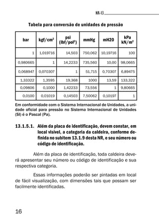 16
NR-13NR-13
Tabela para conversão de unidades de pressão
bar kgf/cm2 psi
(lbf/pol2
)
mmHg mH20
kPa
kN/m2
1 1,019716 14,503 750,062 10,19716 100
0,980665 1 14,2233 735,560 10,00 98,0665
0,068947 0,070307 1 51,715 0,70307 6,89475
1,33322 1,3595 19,368 1000 13,59 133,322
0,09806 0,1000 1,42233 73,556 1 9,80665
0,0100 0,01019 0,14503 7,50062 0,10197 1
Em conformidade com o Sistema Internacional de Unidades, a uni-
dade oficial para pressão no Sistema Internacional de Unidades
(SI) é o Pascal (Pa).
13.1.5.1. Além da placa de identificação, devem constar, em
local visível, a categoria da caldeira, conforme de-
finida no subitem 13.1.9 desta NR, e seu número ou
código de identificação.
Além da placa de identificação, toda caldeira deve-
rá apresentar seu número ou código de identificação e sua
respectiva categoria.
Essas informações poderão ser pintadas em local
de fácil visualização, com dimensões tais que possam ser
facilmente identificadas.
 