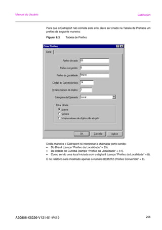 A30808-X5226-V121-01-V419 256
Manual do Usuário CallReport
Para que o Callreport não cometa este erro, deve ser criado na Tabela de Prefixos um
prefixo da seguinte maneira:
Figura 8.3 Tabela de Prefixo
Desta maneira o Callreport irá interpretar a chamada como sendo;
• Do Brasil (campo "Prefixo da Localidade" = 55).
• Da cidade de Curitiba (campo "Prefixo da Localidade" = 41).
• Como sendo uma local iniciada com o dígito 8 (campo "Prefixo da Localidade" = 8).
E no relatório será mostrado apenas o número 8331212 (Prefixo Convertido" = 8).
 