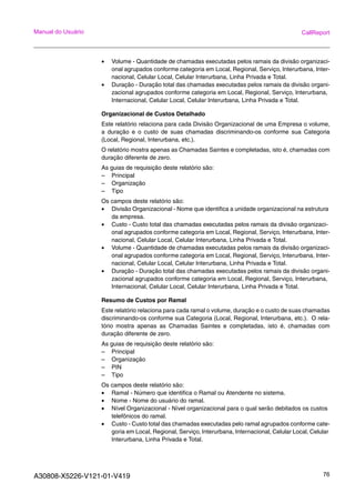 A30808-X5226-V121-01-V419 76
Manual do Usuário CallReport
• Volume - Quantidade de chamadas executadas pelos ramais da divisão organizaci-
onal agrupados conforme categoria em Local, Regional, Serviço, Interurbana, Inter-
nacional, Celular Local, Celular Interurbana, Linha Privada e Total.
• Duração - Duração total das chamadas executadas pelos ramais da divisão organi-
zacional agrupados conforme categoria em Local, Regional, Serviço, Interurbana,
Internacional, Celular Local, Celular Interurbana, Linha Privada e Total.
Organizacional de Custos Detalhado
Este relatório relaciona para cada Divisão Organizacional de uma Empresa o volume,
a duração e o custo de suas chamadas discriminando-os conforme sua Categoria
(Local, Regional, Interurbana, etc.).
O relatório mostra apenas as Chamadas Saintes e completadas, isto é, chamadas com
duração diferente de zero.
As guias de requisição deste relatório são:
– Principal
– Organização
– Tipo
Os campos deste relatório são:
• Divisão Organizacional - Nome que identifica a unidade organizacional na estrutura
da empresa.
• Custo - Custo total das chamadas executadas pelos ramais da divisão organizaci-
onal agrupados conforme categoria em Local, Regional, Serviço, Interurbana, Inter-
nacional, Celular Local, Celular Interurbana, Linha Privada e Total.
• Volume - Quantidade de chamadas executadas pelos ramais da divisão organizaci-
onal agrupados conforme categoria em Local, Regional, Serviço, Interurbana, Inter-
nacional, Celular Local, Celular Interurbana, Linha Privada e Total.
• Duração - Duração total das chamadas executadas pelos ramais da divisão organi-
zacional agrupados conforme categoria em Local, Regional, Serviço, Interurbana,
Internacional, Celular Local, Celular Interurbana, Linha Privada e Total.
Resumo de Custos por Ramal
Este relatório relaciona para cada ramal o volume, duração e o custo de suas chamadas
discriminando-os conforme sua Categoria (Local, Regional, Interurbana, etc.). O rela-
tório mostra apenas as Chamadas Saintes e completadas, isto é, chamadas com
duração diferente de zero.
As guias de requisição deste relatório são:
– Principal
– Organização
– PIN
– Tipo
Os campos deste relatório são:
• Ramal - Número que identifica o Ramal ou Atendente no sistema.
• Nome - Nome do usuário do ramal.
• Nível Organizacional - Nível organizacional para o qual serão debitados os custos
telefônicos do ramal.
• Custo - Custo total das chamadas executadas pelo ramal agrupados conforme cate-
goria em Local, Regional, Serviço, Interurbana, Internacional, Celular Local, Celular
Interurbana, Linha Privada e Total.
 