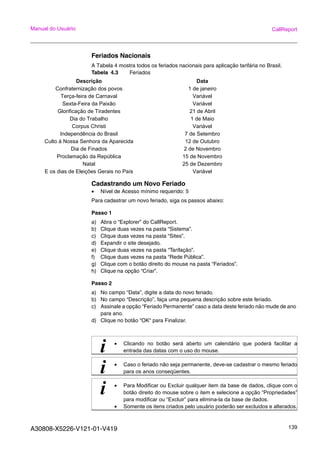 A30808-X5226-V121-01-V419 139
Manual do Usuário CallReport
Feriados Nacionais
A Tabela 4 mostra todos os feriados nacionais para aplicação tarifária no Brasil.
Tabela 4.3 Feriados
Cadastrando um Novo Feriado
• Nível de Acesso mínimo requerido: 5
Para cadastrar um novo feriado, siga os passos abaixo:
Passo 1
a) Abra o “Explorer” do CallReport.
b) Clique duas vezes na pasta “Sistema”.
c) Clique duas vezes na pasta “Sites”.
d) Expandir o site desejado.
e) Clique duas vezes na pasta “Tarifação”.
f) Clique duas vezes na pasta “Rede Pública”.
g) Clique com o botão direito do mouse na pasta “Feriados”.
h) Clique na opção “Criar”.
Passo 2
a) No campo “Data”, digite a data do novo feriado.
b) No campo “Descrição”, faça uma pequena descrição sobre este feriado.
c) Assinale a opção “Feriado Permanente” caso a data deste feriado não mude de ano
para ano.
d) Clique no botão “OK“ para Finalizar.
Descrição Data
Confraternização dos povos 1 de janeiro
Terça-feira de Carnaval Variável
Sexta-Feira da Paixão Variável
Glorificação de Tiradentes 21 de Abril
Dia do Trabalho 1 de Maio
Corpus Christi Variável
Independência do Brasil 7 de Setembro
Culto à Nossa Senhora da Aparecida 12 de Outubro
Dia de Finados 2 de Novembro
Proclamação da República 15 de Novembro
Natal 25 de Dezembro
E os dias de Eleições Gerais no País Variável
i • Clicando no botão será aberto um calendário que poderá facilitar a
entrada das datas com o uso do mouse.
i • Caso o feriado não seja permanente, deve-se cadastrar o mesmo feriado
para os anos conseqüentes.
i • Para Modificar ou Excluir qualquer item da base de dados, clique com o
botão direito do mouse sobre o item e selecione a opção “Propriedades”
para modificar ou “Excluir” para elimina-la da base de dados.
• Somente os itens criados pelo usuário poderão ser excluidos e alterados.
 
