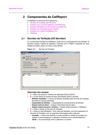 A30808-X5226-V121-01-V419 13
Manual do Usuário CallReport
2 Componentes do CallReport
O CallReport é composto de 6 aplicativos:
• Servidor de Tarifação (CR Servidor)
• Interface com a Central Telefônica (CR PbxFront)
• Gerador de Relatórios (CR Gerador de Relatórios)
• Interface com Aplicação Externa (SLIP)
• Interface com Usuário (CallReport IU)
• Utilitários
2.1 Servidor de Tarifação (CR Servidor)
É o componente principal do CallReport, onde ocorre o processamento dos bilhetes. O
Servidor recebe o bilhete do aplicativo “Interface com o PABX” e baseado em suas
tabelas de tarifas, atribui um custo a esse bilhete.
Figura 2.1 Servidor de Tarifação
Descrição dos campos
– A -> Menu de acesso a “Interface de Aplicação Externa”(SLIP)
– B -> A área dentro do quadro fornece informações sobre o servidor:
– Bilhetes recebidos -> número de bilhetes recebidos pelo Servidor de Tarifação
de todas as centrais bilhetadas
– Capacidade de bilhetes -> Capacidade de armazenamento de bilhetes
– Espaço total em disco -> Espaço Total disponível em disco
– Espaço disponível para o sistema -> Espaço disponível para o CallReport
– C -> Exibe o estado do Servidor de Tarifação
– D -> Exibe os sites bilhetados. Para cada site bilhetado, uma linha aparecerá no
Servidor de Tarifação, com as seguintes informações sobre cada site:
– Conexão -> número da conexão, e mostra também o estado da conexão em
relação a comunicaçãocom o aplicativo “Interface com a central telefônica”.
Verde -> há comunicação entre o aplicativo e a central
 