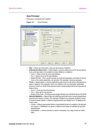 A30808-X5226-V121-01-V419 55
Manual do Usuário CallReport
Guia Principal
Esta guia é composta de 4 seções.
Figura 4.7 Guia Principal
– Site -> Deve ser informado o site que deve gerar o relatório.
– Intervalo de data e hora -> Nesta seção o usuário seleciona a partir de que data e
hora e até que data e hora devem constar bilhetes no relatório
– Início -> Data e hora do início dos bilhetes
– Fim -> Data e hora do fim dos bilhetes
– Botão Período -> Se o usuário quiser, ao invés de especificar uma data e hora de
ínicio e fim, pode especificar um período. Por exemplo: Semana passada.
– Turno -> Nesta seção, o usuário especifica quais horas do dia serão utilizadas para
gerar o relatório. Por exemplo: Gerar um relatório com as chamadas realizadas
entre as 14:00 e as 18:00. Este período estará compreendido dentro do Intervalo de
Data e Hora.
– Início -> Hora de início do período.
– Fim -> Hora de fim de período
– Botão O Dia Todo ->Configura para pegar bilhetes das 00:00:00 até as 23:59:59
– Itens do Relatório -> Alguns tipos de relatórios permitem que o usuário especifique
quantos itens devem constar. Por exemplo: Relatório de Ligações de Maior Custo.
O usuário pode solicitar o relatório especificando que deseja ver a 10 ligações de
maior custo.
– Limitar -> Marcar para poder limitar a quantidade de itens no relatório. Se deixado
em branco, o CallReport vai gerar o relatório com todos os bilhetes do período
especificado.
– Quantidade -> número de itens a serem mostrados, se o flag Limitar for habili-
tado.
 