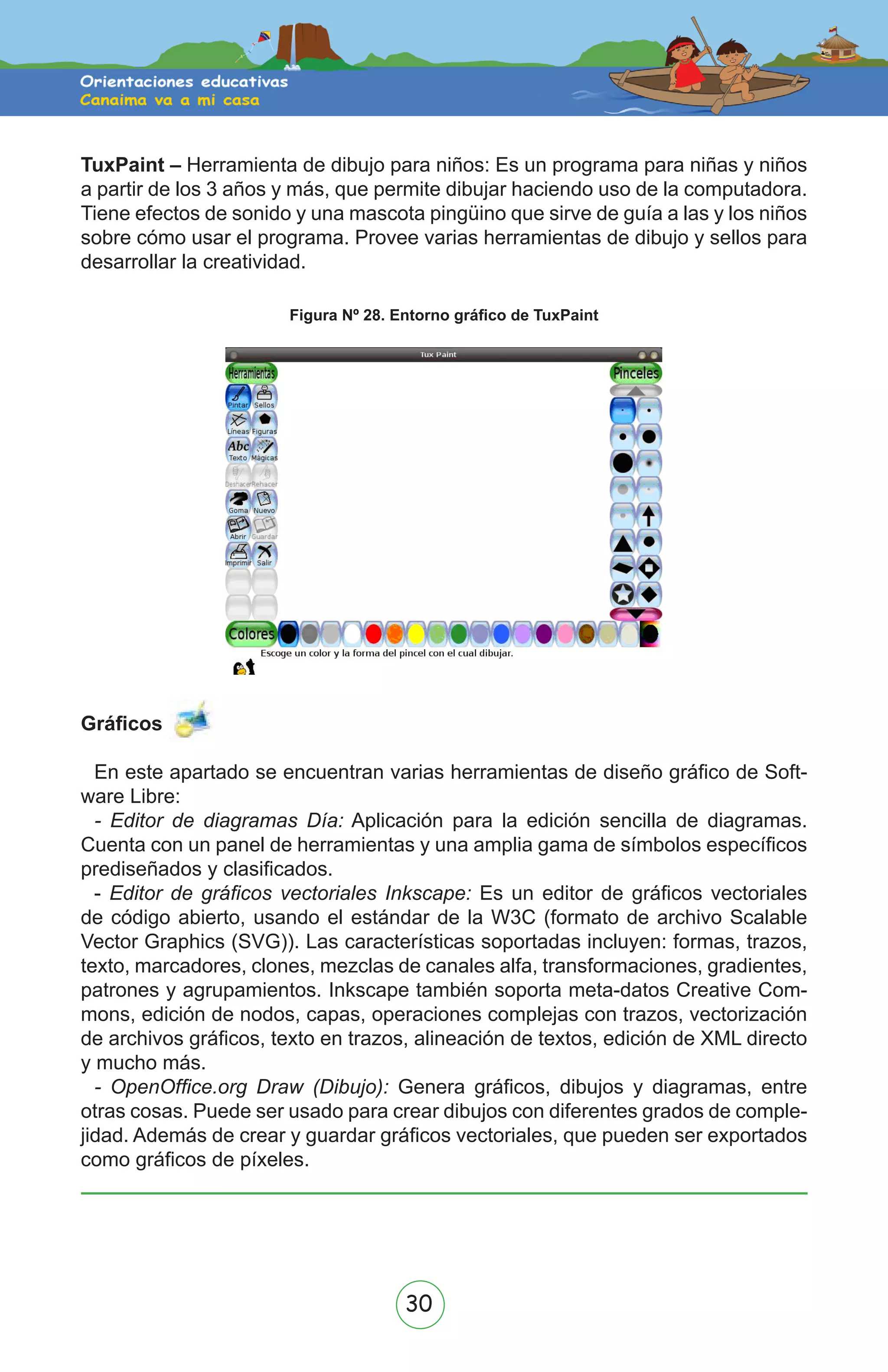 30
TuxPaint – Herramienta de dibujo para niños: Es un programa para niñas y niños
a partir de los 3 años y más, que permite dibujar haciendo uso de la computadora.
Tiene efectos de sonido y una mascota pingüino que sirve de guía a las y los niños
sobre cómo usar el programa. Provee varias herramientas de dibujo y sellos para
desarrollar la creatividad.
Figura Nº 28. Entorno gráfico de TuxPaint
Gráficos
En este apartado se encuentran varias herramientas de diseño gráfico de Soft-
ware Libre:
- Editor de diagramas Día: Aplicación para la edición sencilla de diagramas.
Cuenta con un panel de herramientas y una amplia gama de símbolos específicos
prediseñados y clasificados.
- Editor de gráficos vectoriales Inkscape: Es un editor de gráficos vectoriales
de código abierto, usando el estándar de la W3C (formato de archivo Scalable
Vector Graphics (SVG)). Las características soportadas incluyen: formas, trazos,
texto, marcadores, clones, mezclas de canales alfa, transformaciones, gradientes,
patrones y agrupamientos. Inkscape también soporta meta-datos Creative Com-
mons, edición de nodos, capas, operaciones complejas con trazos, vectorización
de archivos gráficos, texto en trazos, alineación de textos, edición de XML directo
y mucho más.
- OpenOffice.org Draw (Dibujo): Genera gráficos, dibujos y diagramas, entre
otras cosas. Puede ser usado para crear dibujos con diferentes grados de comple-
jidad. Además de crear y guardar gráficos vectoriales, que pueden ser exportados
como gráficos de píxeles.
 