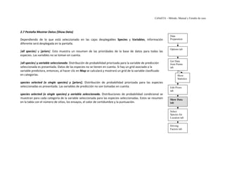 CaNaSTA – Método, Manual y Estudio de caso




2.7 Pestaña Mostrar Datos (Show Data)
                                                                                                                      Data
Dependiendo de lo que está seleccionado en las cajas desplegables Species y Variables, información                    Preparation
diferente será desplegada en la pantalla.
                                                                                                                      Options tab
[all species] y [priors]. Esto muestra un resumen de las prioridades de la base de datos para todas las
especies. Las variables no se toman en cuenta.
                                                                                                                      Get Data
[all species] y variable seleccionada. Distribución de probabilidad priorizada para la variable de predicción         from Points
seleccionada es presentada. Datos de las especies no se tienen en cuenta. Si hay un grid asociado a la                tab
variable predictora, entonces, al hacer clic en Map se calculará y mostrará un grid de la variable clasificado
en categorías.                                                                                                              Show
                                                                                                                            Statistics
species selected (o single species) y [priors]. Distribución de probabilidad priorizada para las especies
seleccionadas es presentada. Las variables de predicción no son tomadas en cuenta.                                    Edit Priors
                                                                                                                      tab
species selected (o single species) y variable seleccionada. Distribuciones de probabilidad condicional se
muestran para cada categoría de la variable seleccionada para las especies seleccionadas. Estos se resumen            Show Data
en la tabla con el número de sitios, los ensayos, el valor de certidumbre y la puntuación.                            tab


                                                                                                                      Select
                                                                                                                      Species for
                                                                                                                      Location tab


                                                                                                                      Driving
                                                                                                                      Factors tab
 