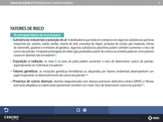 Cancrodopulmão|Orientaçõesparaodoenteoncológico 10
FATORESDERISCO
Os principaisfatoresderiscoincluem:
» Substânciasindustriaisepoluiçãodoar:trabalhadoresqueestãoemcontactocomalgumassubstânciasquímicas
industriais (ex. arsénio, urânio, berílio, cloreto de vinil, cromatos de níquel, produtos de carvão, gás mostarda, éteres
de clorometil, gasolina e emissões de gasóleo). Algumas substâncias poluentes podem também aumentar o risco de
cancrodopulmão.Ainalaçãoprolongadaderádon(gásproduzidoapartirdourânio)ouamiantopodeserumapossível
causaemdoentesnãofumadores8,9.
» Exposição a radiação: os raios X na zona do peito podem aumentar o risco de desenvolver cancro do pulmão,
especialmenteemindivíduosfumadores9.
» Fatores genéticos: as mutações genéticas hereditárias ou adquiridas por fatores ambientais desempenham um
papelimportantenodesenvolvimentodecancrodopulmão1,8,9.
» Presença de outras doenças: doentes diagnosticados com doença pulmonar obstrutiva crónica (DPOC) e fibrose
pulmonaridiopáticaoutuberculoseapresentamtambémummaiorriscodedesenvolvercancrodopulmão9,10.
 