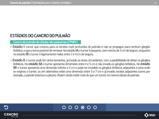 Cancrodopulmão|Orientaçõesparaodoenteoncológico 1
4
ESTÁDIOSDOCANCRODOPULMÃO
Cancrodopulmãodecélulasnão-pequenas(CPNPC)
» Estádio I: tumor que cresceu para os tecidos mais profundos do pulmão e não se propagou para nenhum gânglio
linfático;oqueotornapossívelderemover
.NoestádioIAotumorépequeno,commenosde3cmdelargura,enquanto
noestádioIBotumoréligeiramentemaior
,entre3 e4cmdelargura.
» Estádio II:otumorpodeterváriostamanhos,jáinvadiuasáreascircundantes,comapossibilidadedeafetaros gânglios
linfáticos.Noestádio IIAo tumorapresentadimensões entre4e5 cm enãoinvadiuos gânglios linfáticos.Noestádio
IIB o tumor apresenta uma dimensão inferior a5 cm epodeterinvadido os gânglios linfáticos adjacentesàzona onde
se originou o tumor; ou em alternativa exibe uma dimensão entre 5 e 7 cm e jáinvadiu tecidos adjacentes (como por
exemplo,aparedetorácicaeapleura).Podemaindaexistirmaisdoqueumtumornomesmolóbulodopulmão.
 