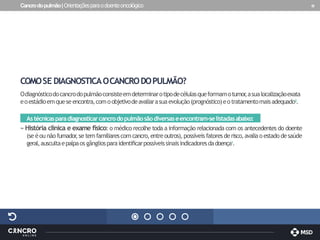 Cancrodopulmão|Orientaçõesparaodoenteoncológico 18
COMOSE DIAGNOSTICAOCANCRODOPULMÃO?
Odiagnósticodocancrodopulmãoconsisteemdeterminarotipodecélulasqueformamotumor
,asualocalizaçãoexata
eoestádioemqueseencontra,comoobjetivodeavaliarasuaevolução(prognóstico)eotratamentomaisadequado2.
Astécnicasparadiagnosticarcancrodopulmãosãodiversaseencontram-selistadasabaixo:
» História clínica e exame físico: o médico recolhe toda a informação relacionada com os antecedentes do doente
(se éou não fumador
,se temfamiliarescomcancro,entreoutros),possíveis fatoresderisco,avaliao estadodesaúde
geral,auscultaepalpaos gângliosparaidentificarpossíveissinaisindicadoresdadoença1.
 