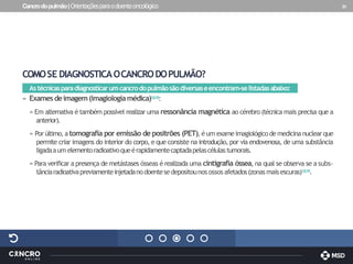 Cancrodopulmão|Orientaçõesparaodoenteoncológico 20
COMOSE DIAGNOSTICAOCANCRODOPULMÃO?
Astécnicasparadiagnosticarumcancrodopulmãosãodiversaseencontram-selistadasabaixo:
» Examesdeimagem(imagiologiamédica)1,8,15:
» Em alternativa é também possível realizar uma ressonância magnética ao cérebro (técnica mais precisa que a
anterior).
» Por último,atomografia por emissão de positrões (PET),éum exameimagiológicodemedicinanuclearque
permite criar imagens do interior do corpo, e que consiste na introdução, por via endovenosa, de uma substância
ligadaaumelementoradioativoqueérapidamentecaptadapelascélulastumorais.
» Para verificar a presença de metástases ósseas é realizada uma cintigrafia óssea, na qual se observa se a subs-
tânciaradioativapreviamenteinjetadanodoentesedepositounos ossos afetados(zonasmaisescuras)1,8,15.
 