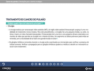 Cancrodopulmão|Orientaçõesparaodoenteoncológico 25
TRATAMENTODOCANCRODOPULMÃO
Existemquatrotiposdetratamentoprincipais1,2,8.
» Cirurgia:
» Acirurgia torácicapor toracoscopiavídeo-assistida (V
ATS,do inglês video-assisted thoracoscopic surgery)éuma mo-
dalidade de tratamento menos invasiva. Para este procedimento, o cirurgião faz uma pequena incisão, ou corte, no
tóraxeinsere um tubochamadotoracoscópio.Otoracoscópiotemuma luzeuma pequenacâmaraconectadaaum
monitor devídeoque permiteao cirurgião ver o interiordo tórax.Um segmento ou lóbulo pulmonar podeentãoser
removido,semanecessidadedesefazerumagrandeincisãonotórax,16.
» Os gânglios linfáticos removidos durante a cirurgia serão examinados ao microscópio para verificar a presença de
célulastumorais.Verificarapropagaçãoparaos gânglios linfáticosajudaráos médicos adecidirse énecessárioas-
sociaroutrotratamento1.
 