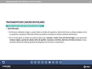 Cancrodopulmão|Orientaçõesparaodoenteoncológico 28
TRATAMENTODOCANCRODOPULMÃO
Existemquatrotiposdetratamentoprincipais1,2,8.
» Quimioterapia:
»Os fármacos utilizados chegam a quase todos os tecidos do organismo, destruindo tanto as células malignas como
assaudáveis,eproduzemdiferentesefeitossecundáriosconsoanteascélulassaudáveisdanificadas2,8.
» De um modo geral, os efeitos secundários típicos são: cansaço, maior risco de hemorragia ou de apresentar
nódoasnegras,quedadecabelo,faltadeapetite,náuseasevómitos,diarreiaeferidasnaboca.Amaio-
riadestesefeitossecundáriosgeralmentedesapareceaoterminarotratamento2,8.
 