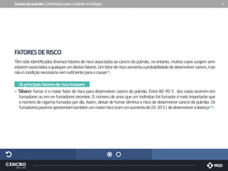 Cancrodopulmão|Orientaçõesparaodoenteoncológico 9
FATORESDERISCO
Têmsido identificados diversos fatores derisco associados ao cancro do pulmão,no entanto,muitos casos surgem sem
estaremassociadosaqualquerumdestesfatores.Umfatorderiscoaumentaaprobabilidadededesenvolvercancro,mas
nãoécondiçãonecessárianemsuficienteparaocausar1,8.
Os principaisfatoresderiscoincluem:
» T
abaco: fumar é o maior fator de risco para desenvolver cancro do pulmão. Entre 80-90 % dos casos ocorrem em
fumadores ou em ex-fumadores recentes. O número de anos que um indivíduo foi fumador é mais importante que
o número de cigarros fumados por dia.Assim, deixar de fumar diminui o risco de desenvolver cancro do pulmão. Os
fumadorespassivosapresentamtambémummaiorrisco(comumaumentode20-30%) dedesenvolveradoença1,8,9.
 