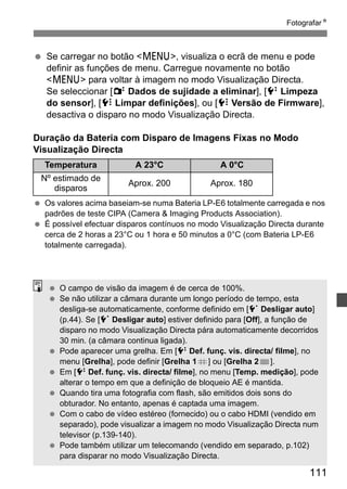 FotografarN 
  Se carregar no botão M, visualiza o ecrã de menu e pode 
definir as funções de menu. Carregue novamente no botão 
M para voltar à imagem no modo Visualização Directa. 
Se seleccionar [2 Dados de sujidade a eliminar], [6Limpeza 
do sensor], [7 Limpar definições], ou [7 Versão de Firmware], 
desactiva o disparo no modo Visualização Directa. 
111 
Duração da Bateria com Disparo de Imagens Fixas no Modo 
Visualização Directa 
Temperatura A 23°C A 0°C 
Nº estimado de 
disparos Aprox. 200 Aprox. 180 
  Os valores acima baseiam-se numa Bateria LP-E6 totalmente carregada e nos 
padrões de teste CIPA (Camera  Imaging Products Association). 
  É possível efectuar disparos contínuos no modo Visualização Directa durante 
cerca de 2 horas a 23°C ou 1 hora e 50 minutos a 0°C (com Bateria LP-E6 
totalmente carregada). 
  O campo de visão da imagem é de cerca de 100%. 
  Se não utilizar a câmara durante um longo período de tempo, esta 
desliga-se automaticamente, conforme definido em [5 Desligar auto] 
(p.44). Se [5 Desligar auto] estiver definido para [Off], a função de 
disparo no modo Visualização Directa pára automaticamente decorridos 
30 min. (a câmara continua ligada). 
  Pode aparecer uma grelha. Em [6 Def. funç. vis. directa/ filme], no 
menu [Grelha], pode definir [Grelha 1 ] ou [Grelha 2 ]. 
  Em [6 Def. funç. vis. directa/ filme], no menu [Temp. medição], pode 
alterar o tempo em que a definição de bloqueio AE é mantida. 
  Quando tira uma fotografia com flash, são emitidos dois sons do 
obturador. No entanto, apenas é captada uma imagem. 
  Com o cabo de vídeo estéreo (fornecido) ou o cabo HDMI (vendido em 
separado), pode visualizar a imagem no modo Visualização Directa num 
televisor (p.139-140). 
  Pode também utilizar um telecomando (vendido em separado, p.102) 
para disparar no modo Visualização Directa. 
 