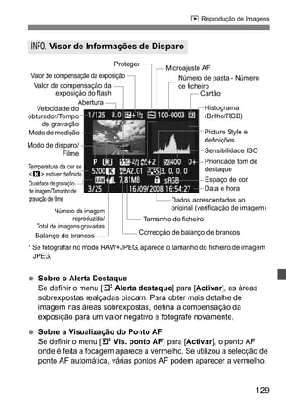 x Reprodução de Imagens 
Microajuste AF 
Número de pasta - Número 
de ficheiro 
Cartão 
Histograma 
(Brilho/RGB) 
Picture Style e 
definições 
Sensibilidade ISO 
Prioridade tom de 
destaque 
Espaço de cor 
Dados acrescentados ao 
original (verificação de imagem) 
* Se fotografar no modo RAW+JPEG, aparece o tamanho do ficheiro de imagem 
JPEG. 
129 
B Visor de Informações de Disparo 
Valor de compensação da exposição 
Valor de compensação da 
exposição do flash 
Abertura 
Velocidade do 
obturador/Tempo 
de gravação 
Modo de medição 
Modo de disparo/ 
Filme 
Temperatura da cor se 
P estiver definido 
Qualidade de gravação 
de imagem/Tamanho de 
gravação de filme 
Número da imagem 
reproduzida/ 
Total de imagens gravadas 
Balanço de brancos 
Proteger 
  Sobre o Alerta Destaque 
Data e hora 
Tamanho do ficheiro 
Correcção de balanço de brancos 
Se definir o menu [4 Alerta destaque] para [Activar], as áreas 
sobrexpostas realçadas piscam. Para obter mais detalhe de 
imagem nas áreas sobrexpostas, defina a compensação da 
exposição para um valor negativo e fotografe novamente. 
  Sobre a Visualização do Ponto AF 
Se definir o menu [4 Vis. ponto AF] para [Activar], o ponto AF 
onde é feita a focagem aparece a vermelho. Se utilizou a selecção de 
ponto AF automática, várias pontos AF podem aparecer a vermelho. 
 